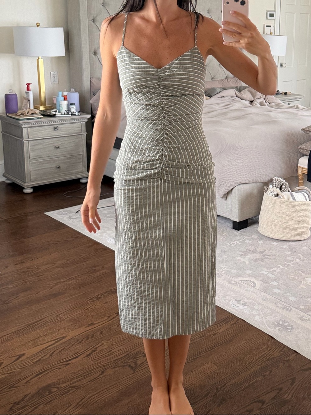 Zara Sage Gray and White Striped Spaghetti-Strap Midi Dress